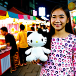 **

"A young Malaysian girl, fully clothed in a modest baju kurung with a Hello Kitty print, is smiling and holding a Hello Kitty plush toy. Background is a bright and cheerful pasar malam (night market) scene in Kuala Lumpur, with various food stalls and colorful decorations. Safe for work, appropriate content, professional, modest, family-friendly, perfect anatomy, correct proportions, natural pose, well-formed hands, proper finger count, natural body proportions, high quality."

**