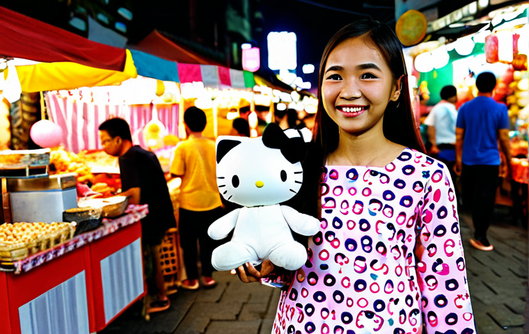 **

"A young Malaysian girl, fully clothed in a modest baju kurung with a Hello Kitty print, is smiling and holding a Hello Kitty plush toy. Background is a bright and cheerful pasar malam (night market) scene in Kuala Lumpur, with various food stalls and colorful decorations. Safe for work, appropriate content, professional, modest, family-friendly, perfect anatomy, correct proportions, natural pose, well-formed hands, proper finger count, natural body proportions, high quality."

**