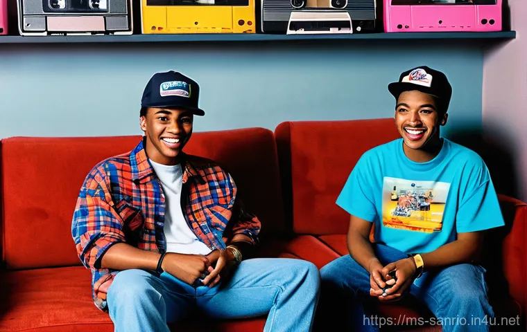 Hello Kitty와 80 90년대 레트로 감성 - **Prompt 1: Retro Gaming Lounge & 90s Fashion.**
"A group of diverse young adults, casually dres...