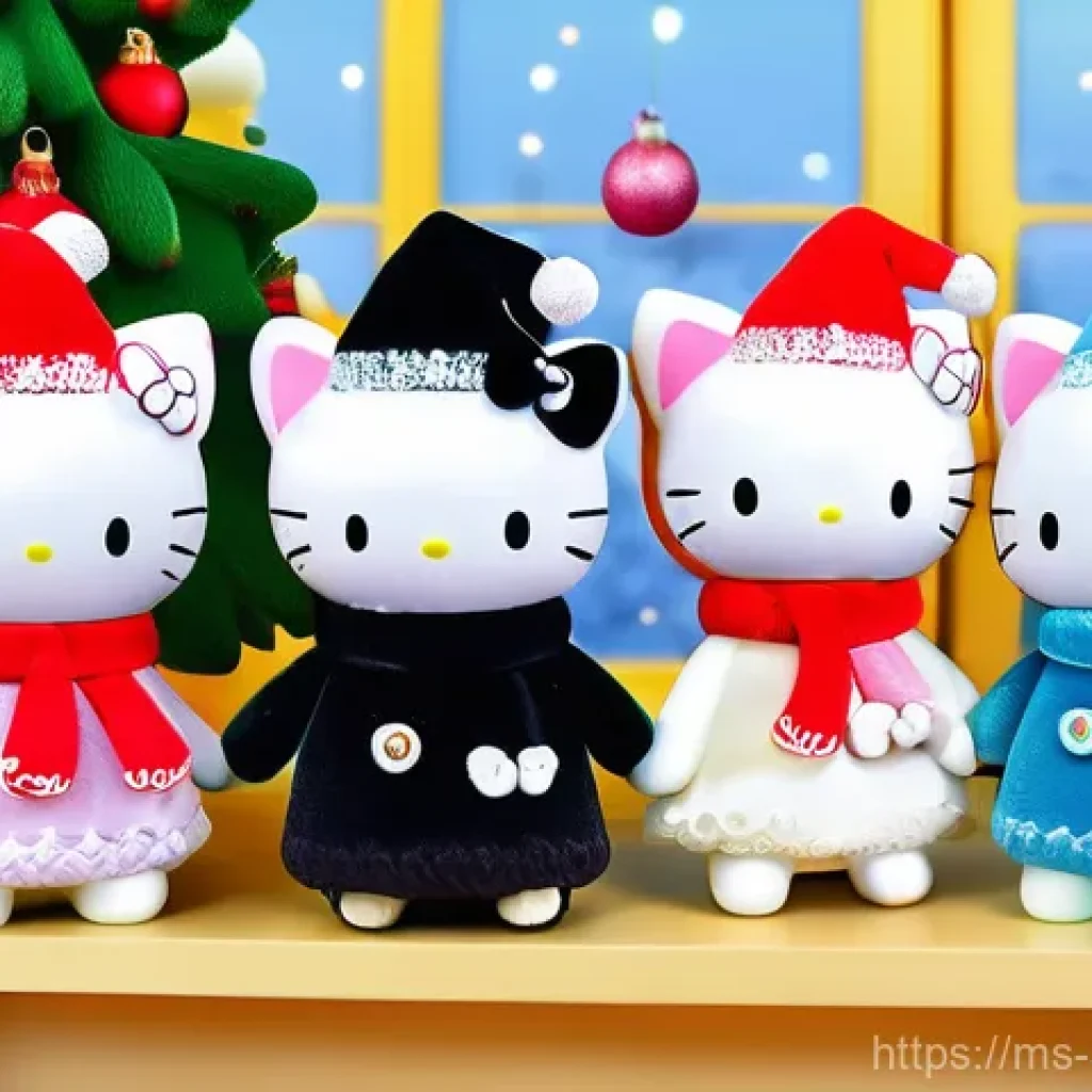 산리오 x 크리스마스 한정판 상품 - **Prompt:** A whimsical group portrait featuring Hello Kitty, Cinnamoroll, and Kuromi celebrating Ch...