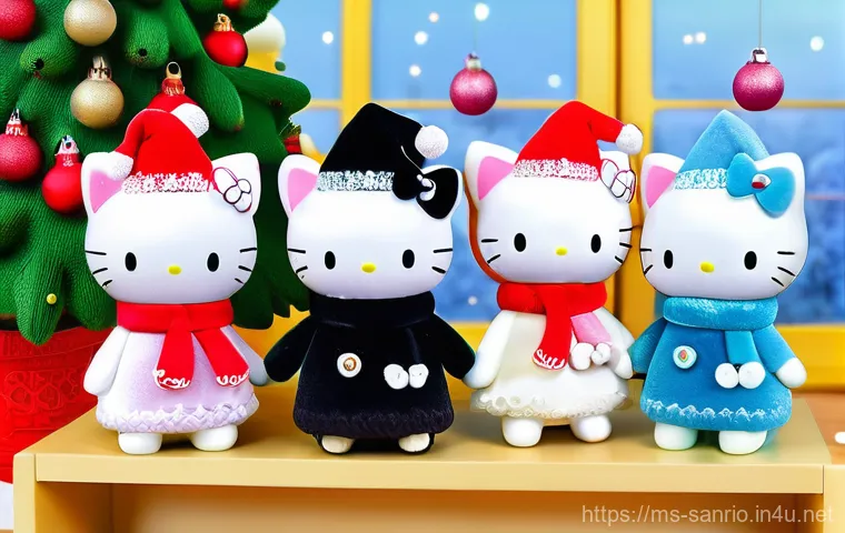 산리오 x 크리스마스 한정판 상품 - **Prompt:** A whimsical group portrait featuring Hello Kitty, Cinnamoroll, and Kuromi celebrating Ch...