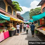 Hello Kitty와 환경 친화적 제품 - A vibrant Malaysian street market scene focused on eco-friendly fashion and lifestyle products, feat...