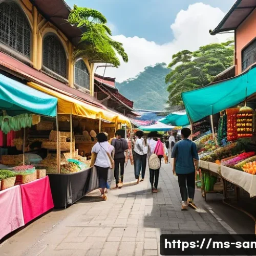 Hello Kitty와 환경 친화적 제품 - A vibrant Malaysian street market scene focused on eco-friendly fashion and lifestyle products, feat...