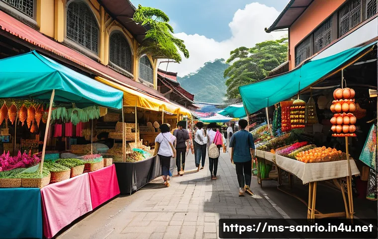 Hello Kitty와 환경 친화적 제품 - A vibrant Malaysian street market scene focused on eco-friendly fashion and lifestyle products, feat...