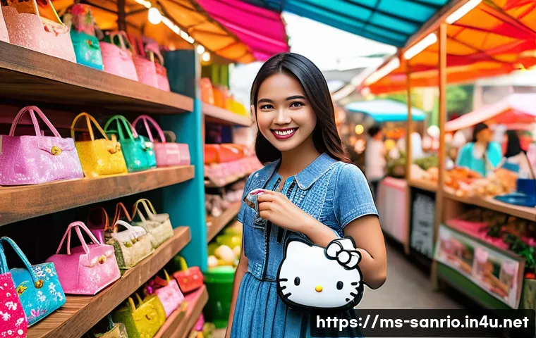 산리오 캐릭터별 선물 가이드 - A charming scene featuring a young Malay woman in stylish casual wear carrying a small Hello Kitty h...